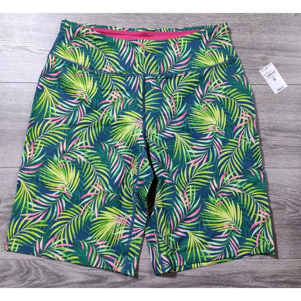 Lands End Womens Green Floral Active Shorts Medium 10-12 Moisture Wicking